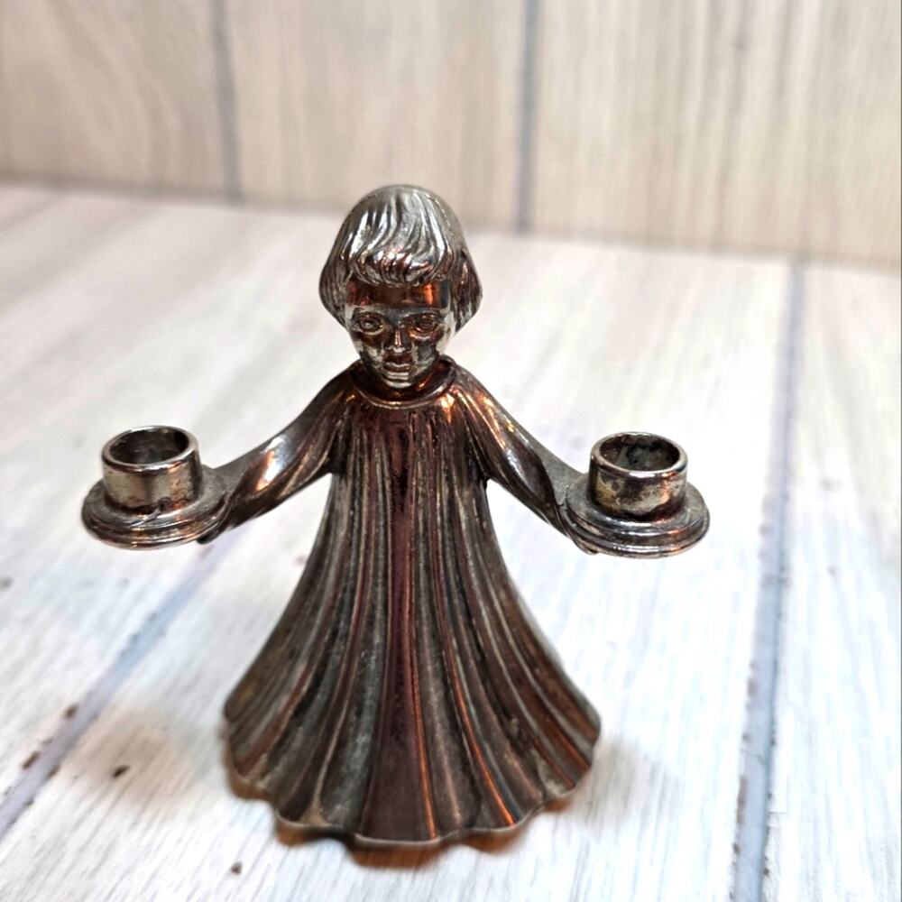 Vtg Metal Silver Angel Choir Girl Mini Candle Holder Italy Confirmation Candle
